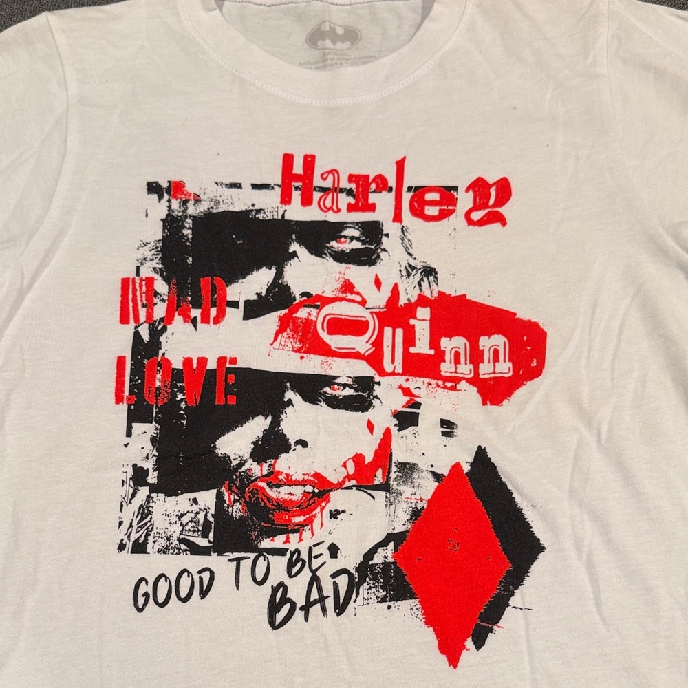 Batman White Tee with Red and Black Harley Quinn Design